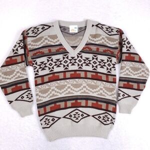 Vintage Made in England Geometric V-Neck Sweater Mens Medium Earth Tone Knit
